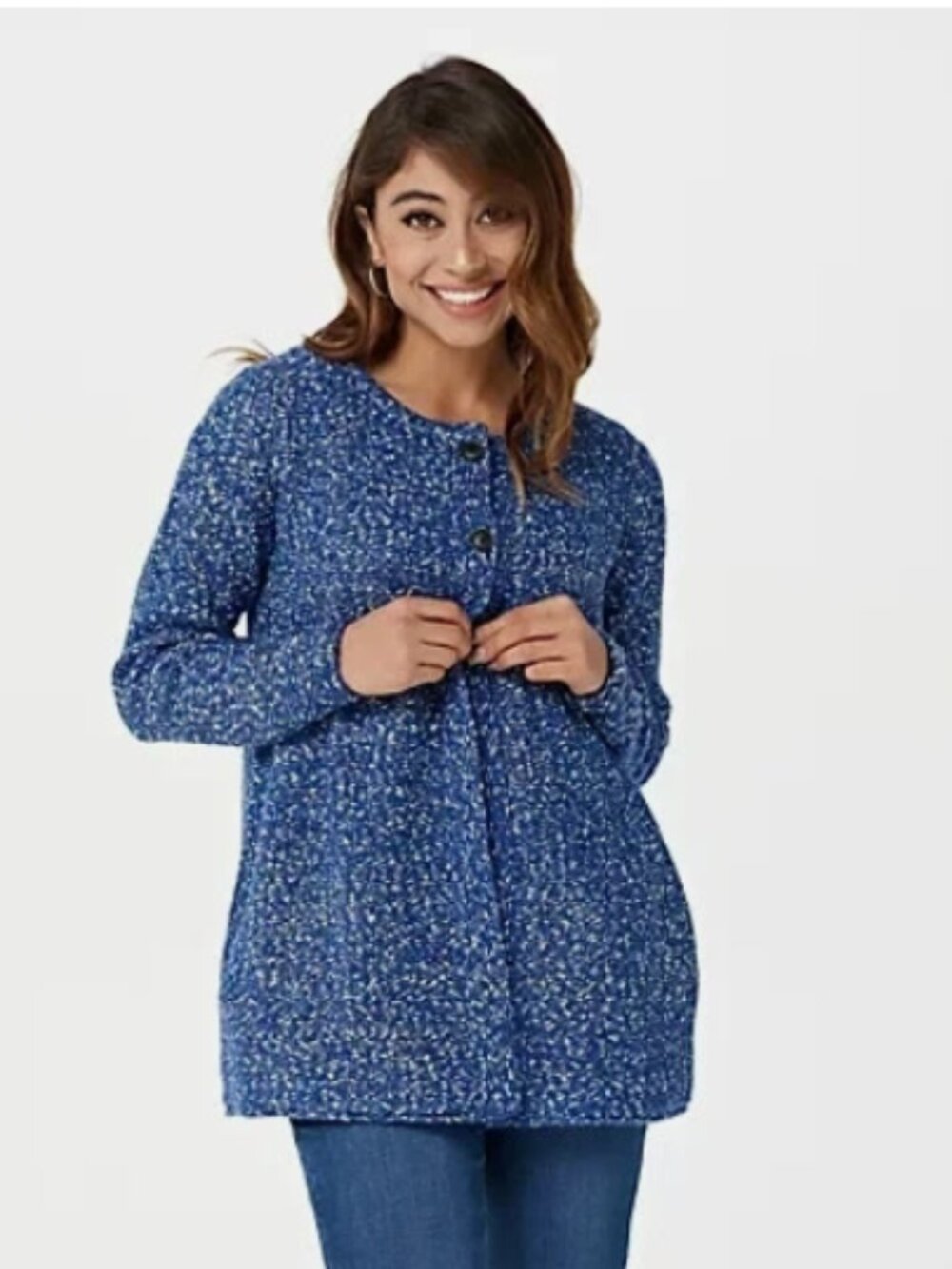 Susan Graver Marled Sweater Knit Button-Front Cardigan-Blue-Large-NEW-A387858